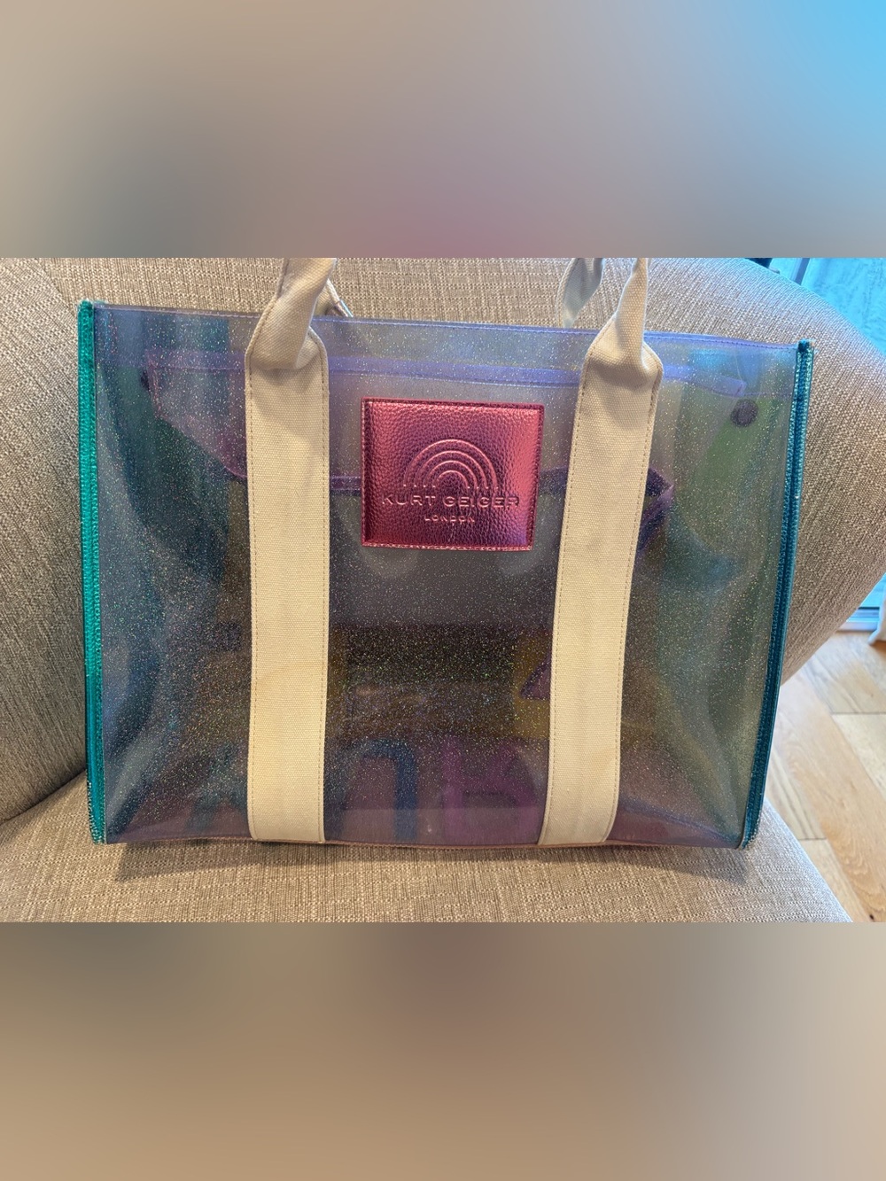 Kurt Geiger London Rainbow Colors Glitter Large Vinyl Southbank Tote Beach Bag